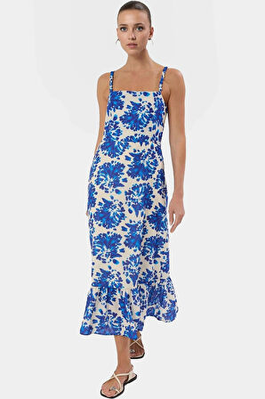 Çiçek Desenli Yazlık Maxi Elbise Rahat Skater Kalıp Polyester Kumaş Günlük Kullanım Modern Stil