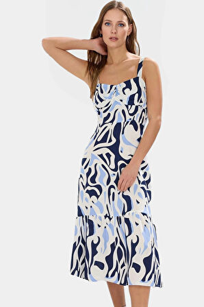 Yazlık Midi Elbise Viskoz Geometrik Desen Kare Yaka Skater Kalıp Konforlu Kesim Modern Stil