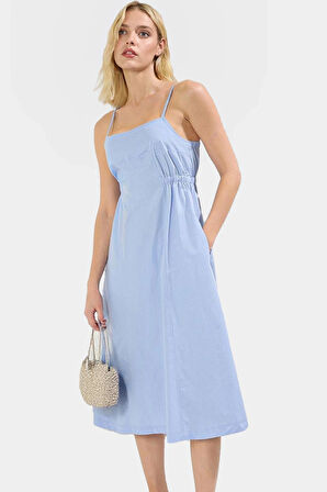 Pamuk Poplin Midi Elbise Belden Etekli Kare Yaka Kolsuz Giy Çık Rahat Ve Şık Uzun Ömürlü