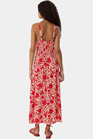 Viskoz Dokuma Çiçekli Skater Elbise Rahat Yazlık Stil Midi Boy V Yaka Premium Kalite