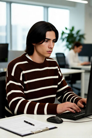 Casual Erkek Kalın Triko Dokulu Bisiklet Yaka Çizgili Oversize Selanik Kışlık Kazak Modeli