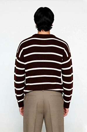 Casual Erkek Kalın Triko Dokulu Bisiklet Yaka Çizgili Oversize Selanik Kışlık Kazak Modeli