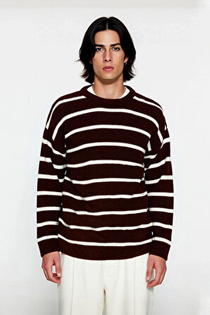 Casual Erkek Kalın Triko Dokulu Bisiklet Yaka Çizgili Oversize Selanik Kışlık Kazak Modeli