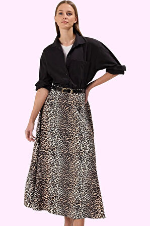 Kadın Astarlı Normal Bel Kloş Dokuma Etek Leopar Desenli Rahat Günlük Kullanım Özel Günler