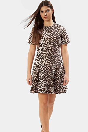 Pamuk Denim Mini Elbise Leopar Desenli Fırfırlı Etek Kısa Kollu Bodycon Zarifane Tasarım