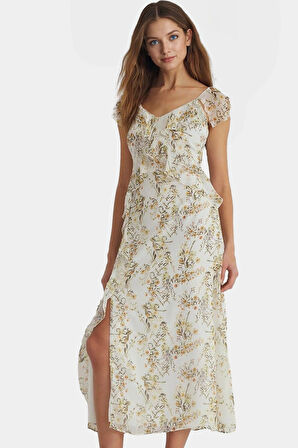 Yazlık Şifon Elbise V Yaka A line Çiçek Desenli 120 cm Boy Zarifane Tasarım Günlük Kullanım İçin