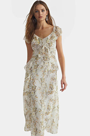 Yazlık Şifon Elbise V Yaka A line Çiçek Desenli 120 cm Boy Zarifane Tasarım Günlük Kullanım İçin