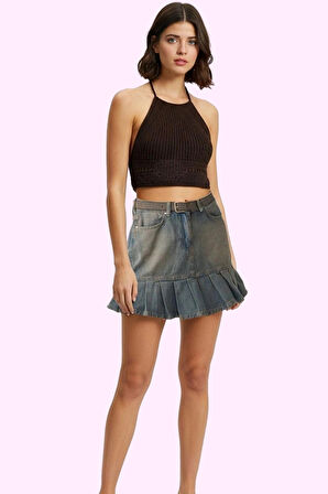 Kadın Pileli Mini Denim Skater Etek Pamuk Rahat Günlük Kullanım İçin Yaz Aylarının Vazgeçilmezi