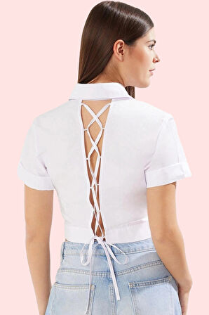 Kadın Sırt Bağcıklı Crop Gömlek Terrycotton Dokuma Günlük Kullanım İçin Rahat Kesim Hafta Sonu