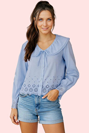 Kadın Dokuma Gömlek Regular Kalıp Bebe Yaka Uzun Kollu Terrycotton Kumaş Dayanıklı Malzeme