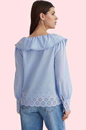 Kadın Dokuma Gömlek Regular Kalıp Bebe Yaka Uzun Kollu Terrycotton Kumaş Dayanıklı Malzeme