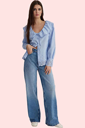 Kadın Dokuma Gömlek Regular Kalıp Bebe Yaka Uzun Kollu Terrycotton Kumaş Dayanıklı Malzeme