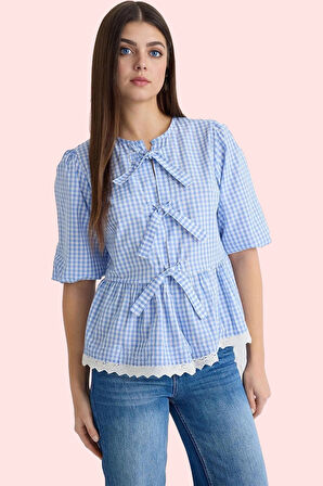 Kadın Regular Kalıp Ekose Terrycotton Gömlek Bisiklet Yaka Günlük Kombinler Modern Tasarım