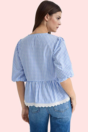 Kadın Regular Kalıp Ekose Terrycotton Gömlek Bisiklet Yaka Günlük Kombinler Modern Tasarım