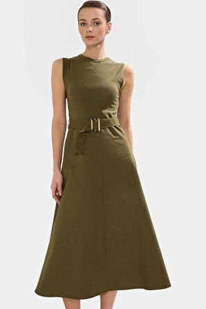 Yazlık Gabardin Midi Elbise A Kesim Kemerli  Pamuk Rahat Özel Tasarım Yüksek Kalite