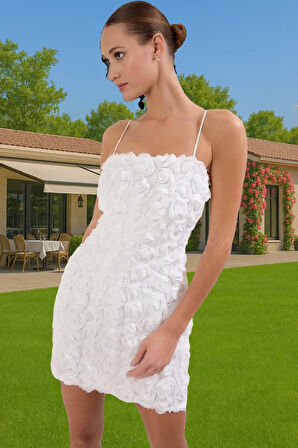 Bodycon Mini Abiye Elbise 3D Gül Aplike Detaylı Polyester Tül Kumaş Kaliteli İşçilik Şık Görünüm