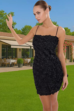 Bodycon Mini Abiye Elbise 3D Gül Aplike Detaylı Polyester Tül Kumaş Kaliteli İşçilik Şık Görünüm