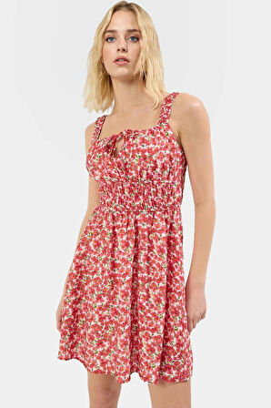 Yazlık Mini Elbise Kare Yaka A line Lilyum Dokuma Viskoz 90cm Uzun Ömürlü Profesyonel Görünüm