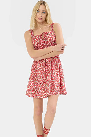 Yazlık Mini Elbise Kare Yaka A line Lilyum Dokuma Viskoz 90cm Uzun Ömürlü Profesyonel Görünüm