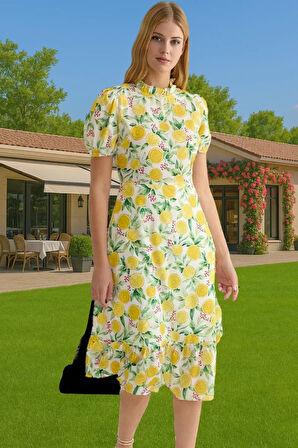 Feminen A Kesim Çiçekli Midi Elbise Polyester Dokuma Kısa Balon Kol Rahat Kullanım Rahat Ve Şık