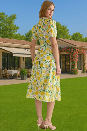 Feminen A Kesim Çiçekli Midi Elbise Polyester Dokuma Kısa Balon Kol Rahat Kullanım Rahat Ve Şık