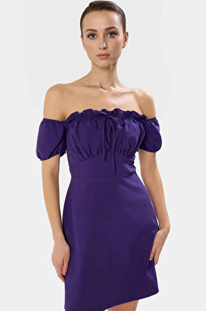 Polyester Krep Dokuma Mini Elbise Balon Kol A Line Kesim Kaliteli İşçilik