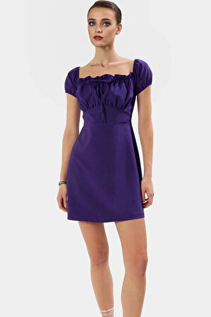 Polyester Krep Dokuma Mini Elbise Balon Kol A Line Kesim Kaliteli İşçilik