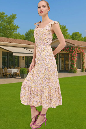 Feminen Çiçekli Desenli Viskoz Midi Elbise Kolsuz Kare Yaka Trend Tasarım Rahat Ve Şık Yüksek Kalite