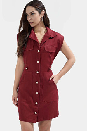 Şık Mini Elbise %Pamuk Gabardin Kumaş Ay Kol Düğmeli Premium Kalite Zarifane Tasarım