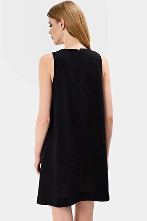 Yazlık Mini Elbise Bisiklet Yaka Keten Görünümlü Dokuma Kumaş Premium Kalite Günlük Kullanım İçin