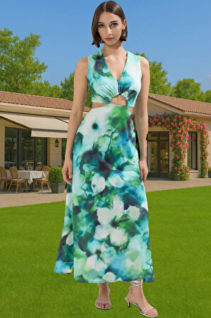 Kolsuz Batik Maxi Elbise Cut Out Detaylı Yazlık Elbise A Line Konforlu Kesim Dayanıklı Malzeme