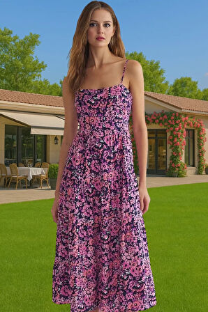 Şık ve Rahat A Kesim Çiçek Desenli Midi Viskoz Elbise Günlük Kullanım İçin Zarifane Tasarım