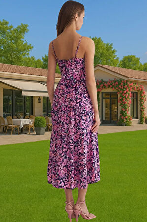 Şık ve Rahat A Kesim Çiçek Desenli Midi Viskoz Elbise Günlük Kullanım İçin Zarifane Tasarım