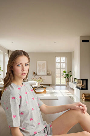 Kalp Desenli Örme Pijama Takımı Yaz İçin Mükemmel Konfor Trend Tasarım Rahat Ve Şık