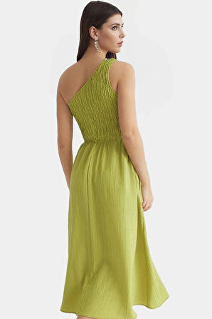 Şık ve Rahat Yazlık Midi Elbise Tek Omuz Polyester Kaliteli İşçilik Zarifane Tasarım