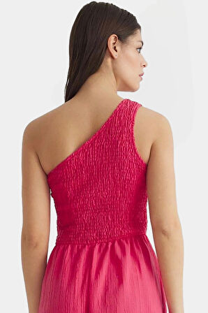 Şık ve Rahat Yazlık Midi Elbise Tek Omuz Polyester Kaliteli İşçilik Zarifane Tasarım