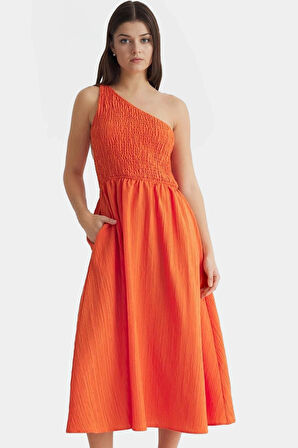 Şık ve Rahat Yazlık Midi Elbise Tek Omuz Polyester Kaliteli İşçilik Zarifane Tasarım