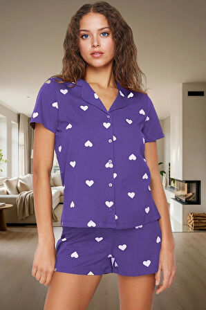 Rahat ve Şık Pamuklu Pijama Takımı Kalpli Desen 2 Parça Yaz Mevsimi Kullanım