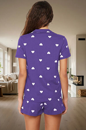 Rahat ve Şık Pamuklu Pijama Takımı Kalpli Desen 2 Parça Yaz Mevsimi Kullanım