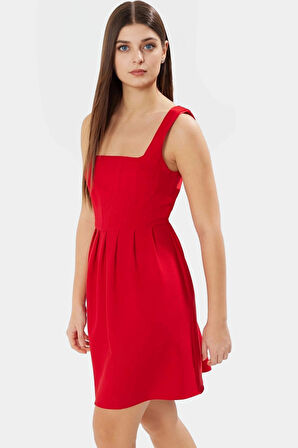 Yazlık Mini Elbise Kare Yaka Skater Kalıp Nefes Alan Finike Dokuma Kumaş Rahat