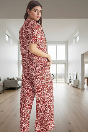 100% Viskoz Leopar Desenli Regular Kalıp Pijama Takımı Yaz Konforu Uzun Ömürlü Şık Görünüm