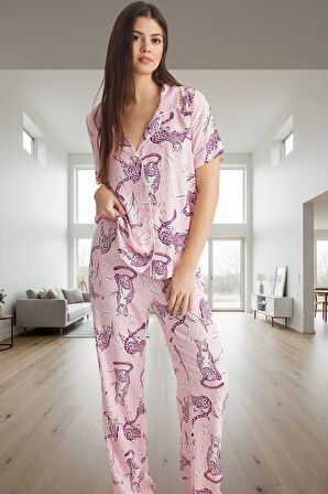 Rahat ve Şık Hayvan Desenli Viskoz Pijama Takımı Tüm Sezonlar İçin Trend Tasarım