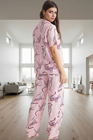 Rahat ve Şık Hayvan Desenli Viskoz Pijama Takımı Tüm Sezonlar İçin Trend Tasarım