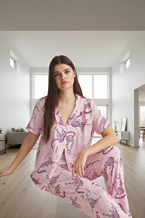 Rahat ve Şık Hayvan Desenli Viskoz Pijama Takımı Tüm Sezonlar İçin Trend Tasarım