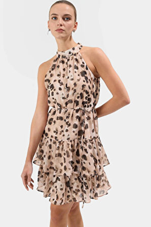 Rahat Mini Elbise Halter Yaka Belden Açılan Etek Dokuma Kumaş Günlük Şık Kaliteli İşçilik