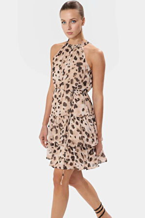 Rahat Mini Elbise Halter Yaka Belden Açılan Etek Dokuma Kumaş Günlük Şık Kaliteli İşçilik