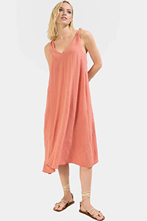 Polyester Aerobin Dokuma Midi Elbise V Yaka Shift Kalıp Modern Stil