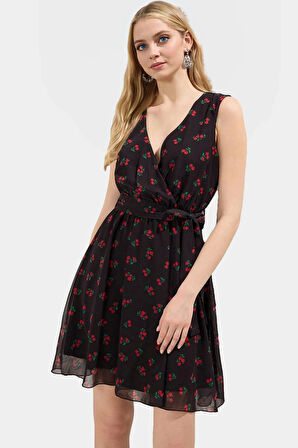 Yazlık Mini Elbise Dokuma Şifon Kumaş V Yaka Nakışlı Astarlı Profesyonel Görünüm Yüksek Kalite