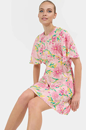 Yazlık Mini Elbise Tropikal Desenli Viskoz A Kesim Yüksek Kalite Seçkin Malzeme