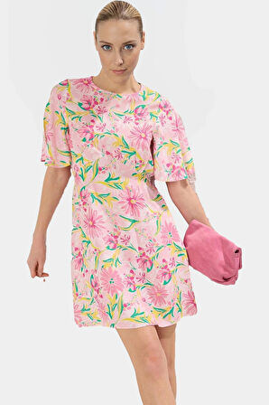Yazlık Mini Elbise Tropikal Desenli Viskoz A Kesim Yüksek Kalite Seçkin Malzeme